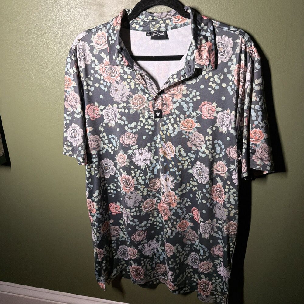 Bad Birdie Golf Polo Shirt Mens Large Dark Floral Rose Performance Stretch